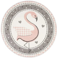 Round pink and gray baby nursery rug with flamingo and heart design for infants