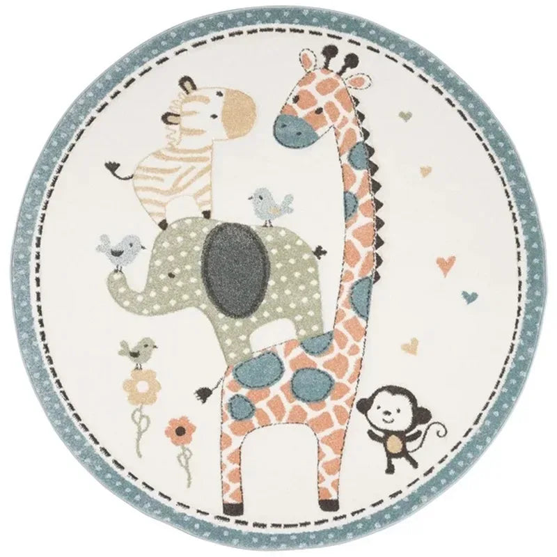 Round nursery rug for babies with pastel blue border and cute animal designs including giraffe, elephant, zebra, and monkey