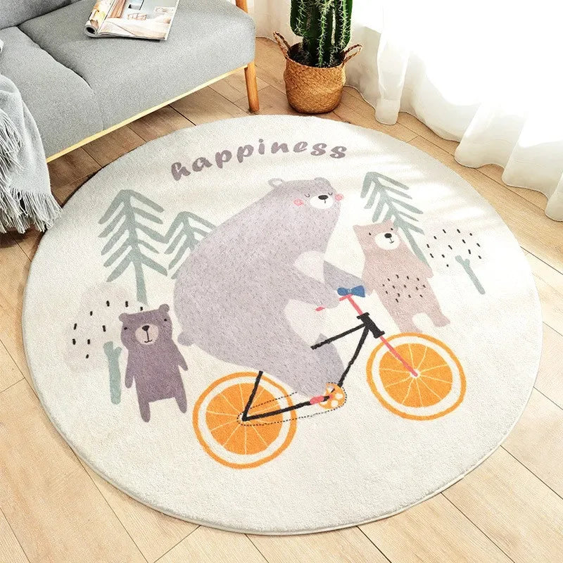 Round white nursery rugs with gray bears and orange bicycle wheels for babies and kids