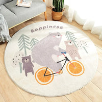 Round white nursery rugs with gray bears and orange bicycle wheels for babies and kids