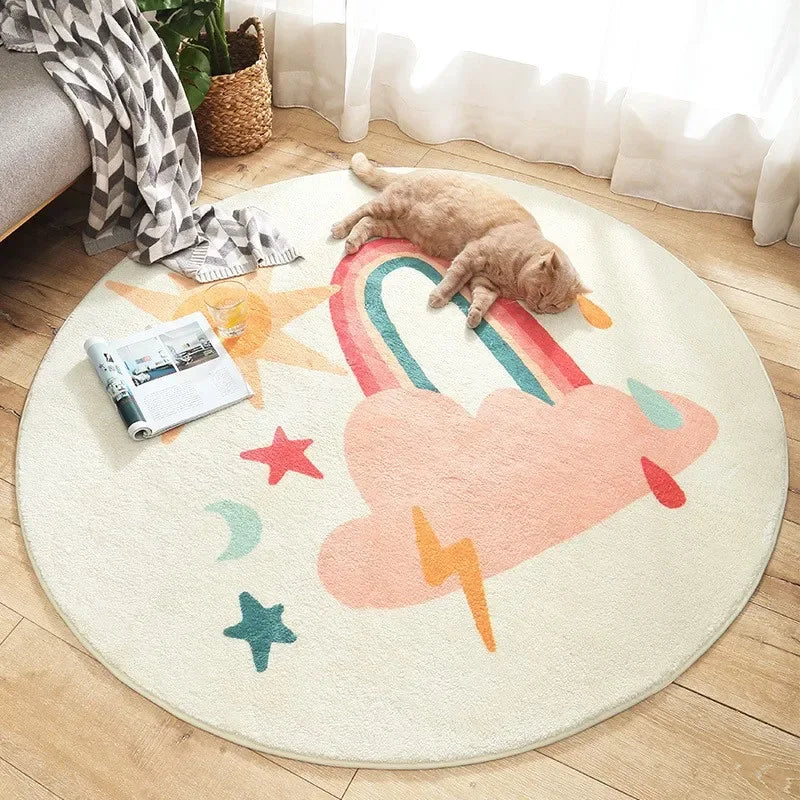 Round cream nursery rugs with colorful rainbow, cloud, star, and sun design for babies and kids