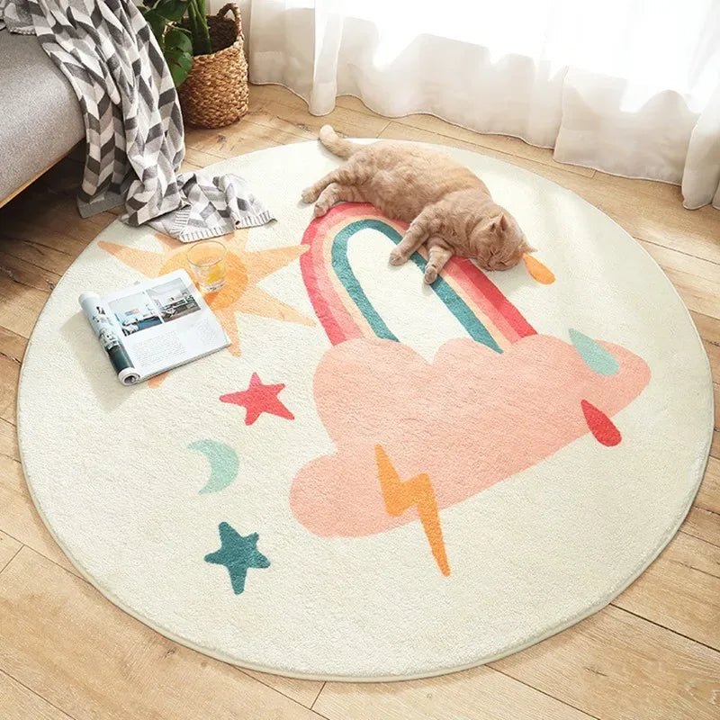 Round pastel nursery rugs with rainbow, clouds, and stars design for babies and kids playroom