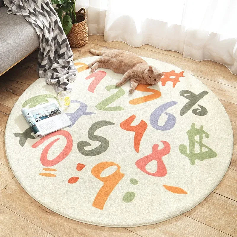 Round cream nursery rugs with colorful numbers and symbols design for babies and kids