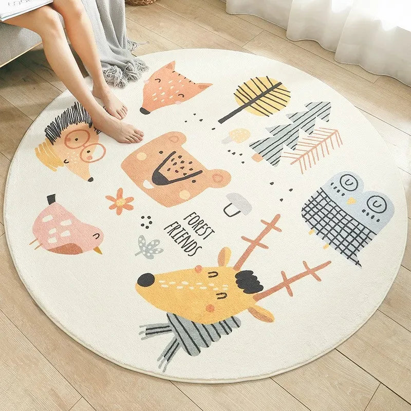 Round nursery rugs with forest animals in soft colors for babies and kids playroom