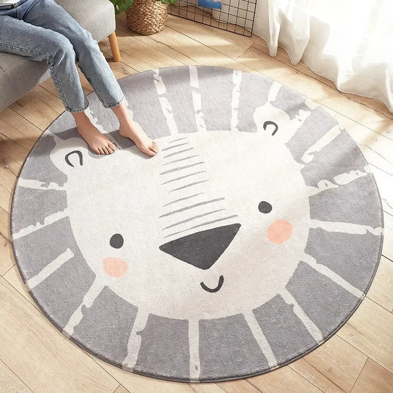 Round gray and white nursery rugs with cute lion face design for babies and kids