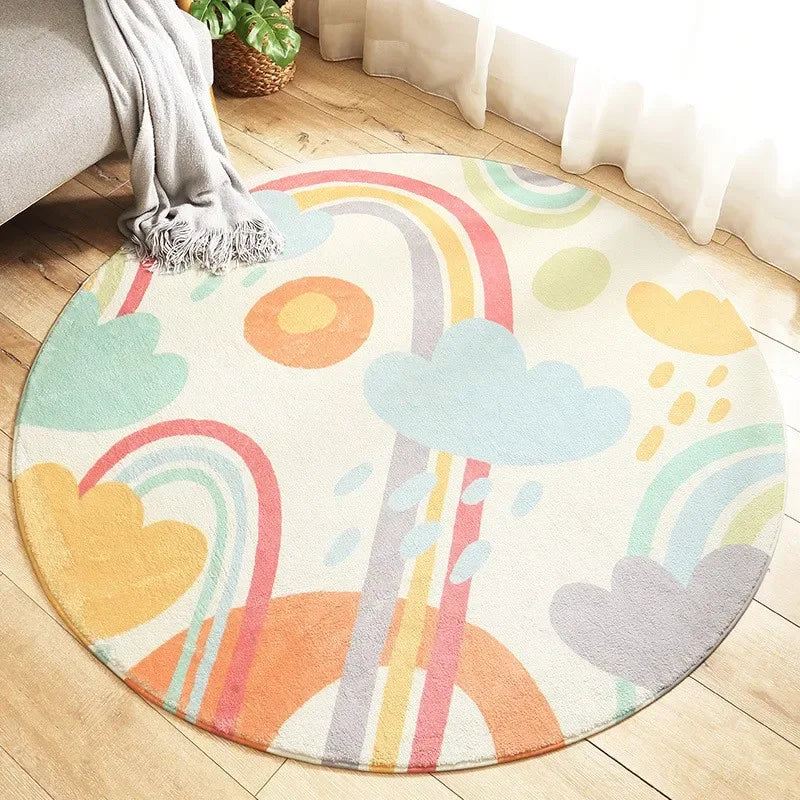 Round pastel nursery rugs with rainbows and clouds design for babies and kids room