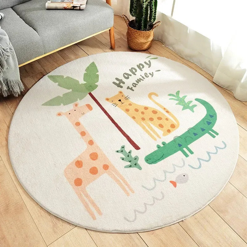 Round beige nursery rug with giraffe, leopard, crocodile, and palm tree design for kids