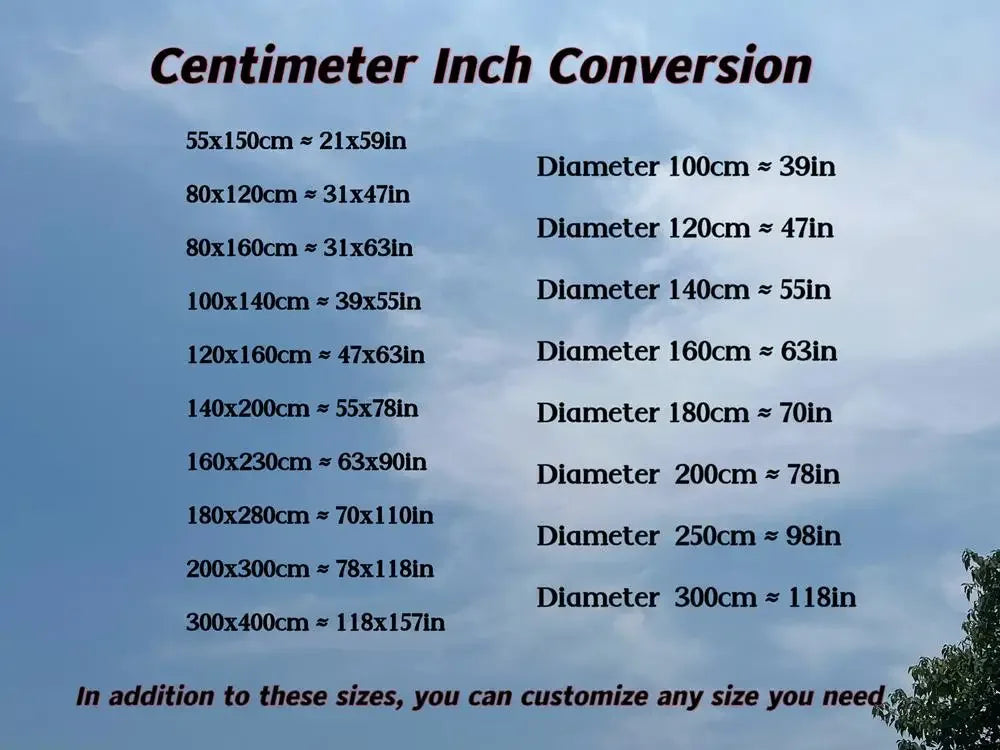 size chart for nursery rugs with centimeter to inch conversions and customizable sizing options