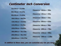 size chart for nursery rugs with centimeter to inch conversions and customizable sizing options