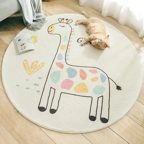 Round white nursery rug with colorful giraffe design for babies and kids with soft texture