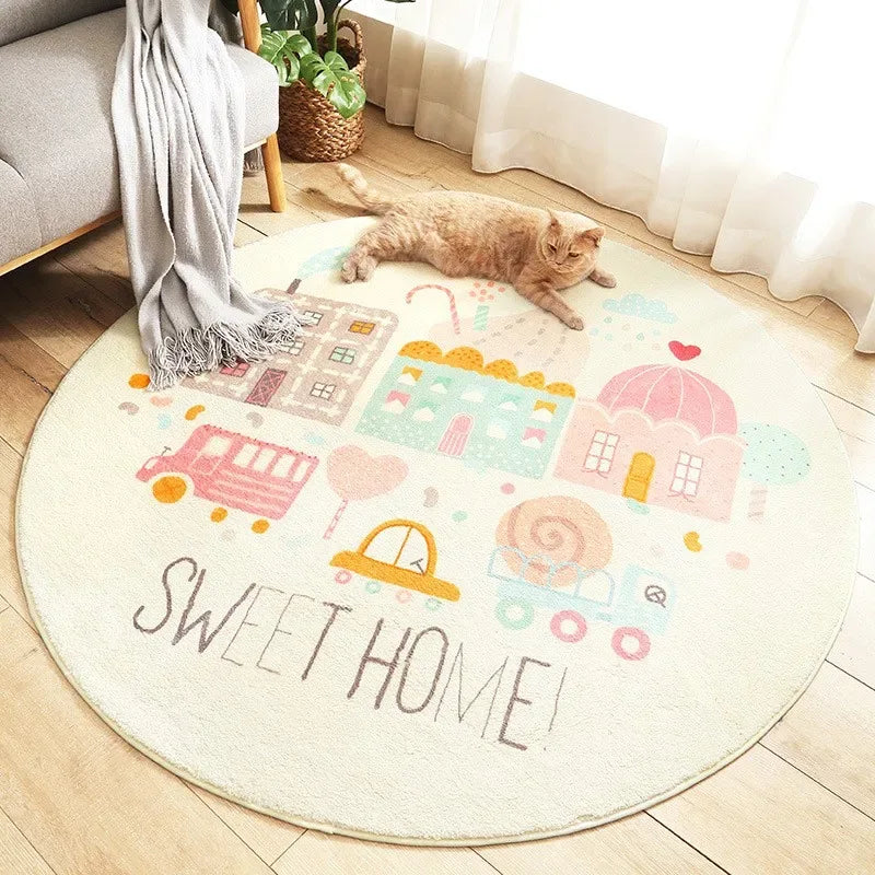 Round pastel nursery rugs for babies and kids with sweet home design and colorful cartoon houses