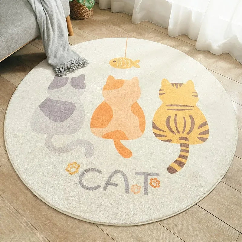 round beige nursery rugs with three colorful cats and a hanging fish design for kids