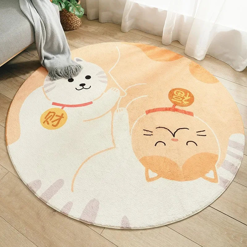 Round beige and white nursery rugs with cute playful cat design for babies and kids