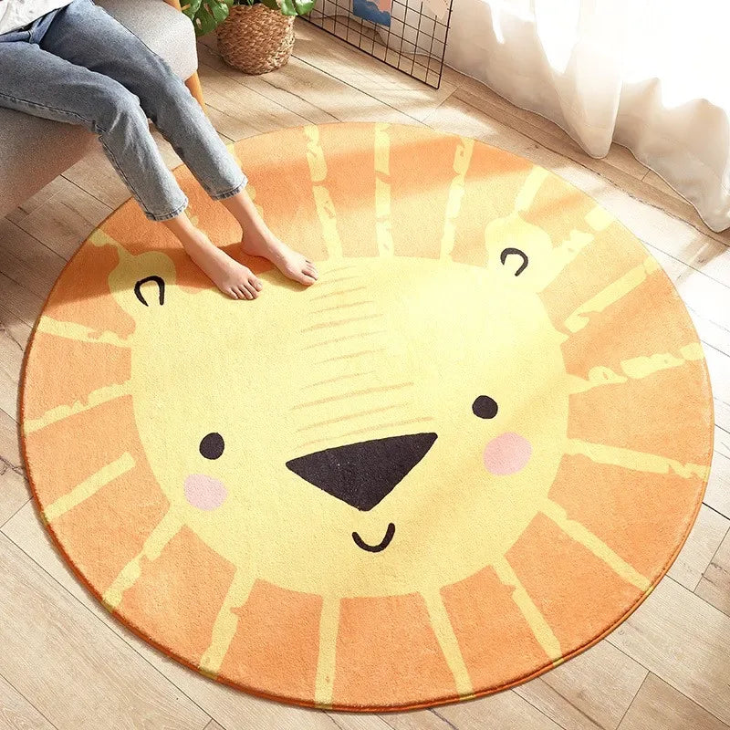 Round orange and yellow lion face nursery rugs for babies and kids with soft playful design
