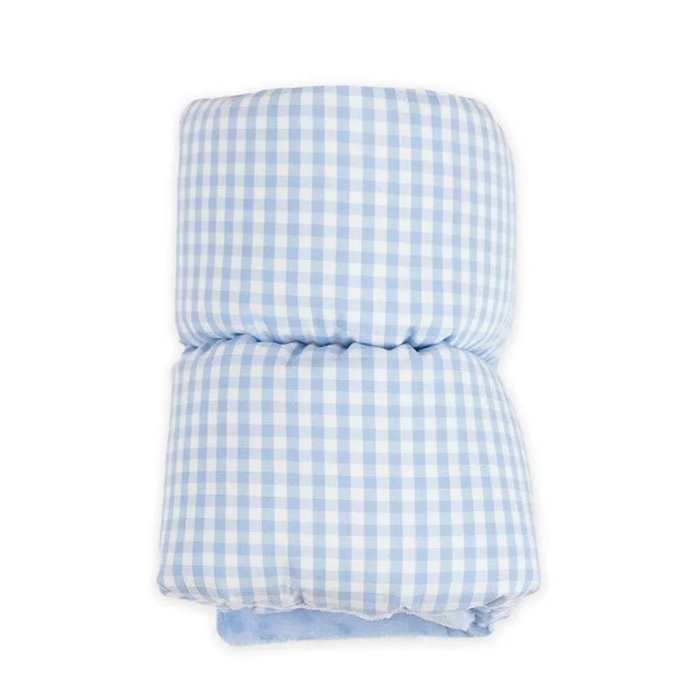 Goosewaddle nursing arm pillow in light blue and white gingham, designed for newborns with soft cushioned support