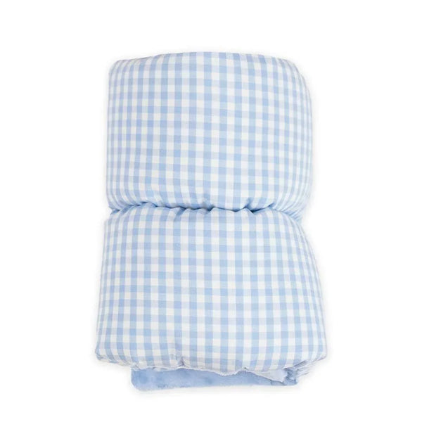 Goosewaddle nursing arm pillow in light blue and white gingham, designed for newborns with soft cushioned support