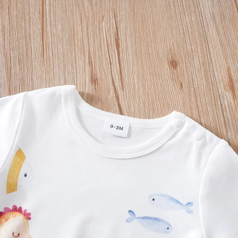 White cotton ocean themed baby romper with fish and sea creature prints for infants 0-3 months