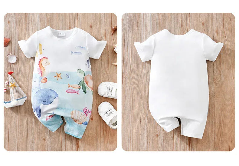 White and blue cotton ocean themed baby romper with colorful sea creatures print front and plain back