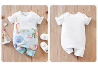 White and blue cotton ocean themed baby romper with colorful sea creatures print front and plain back