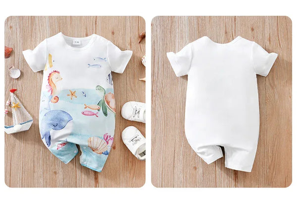 White and blue cotton ocean themed baby romper with colorful sea creatures print front and plain back