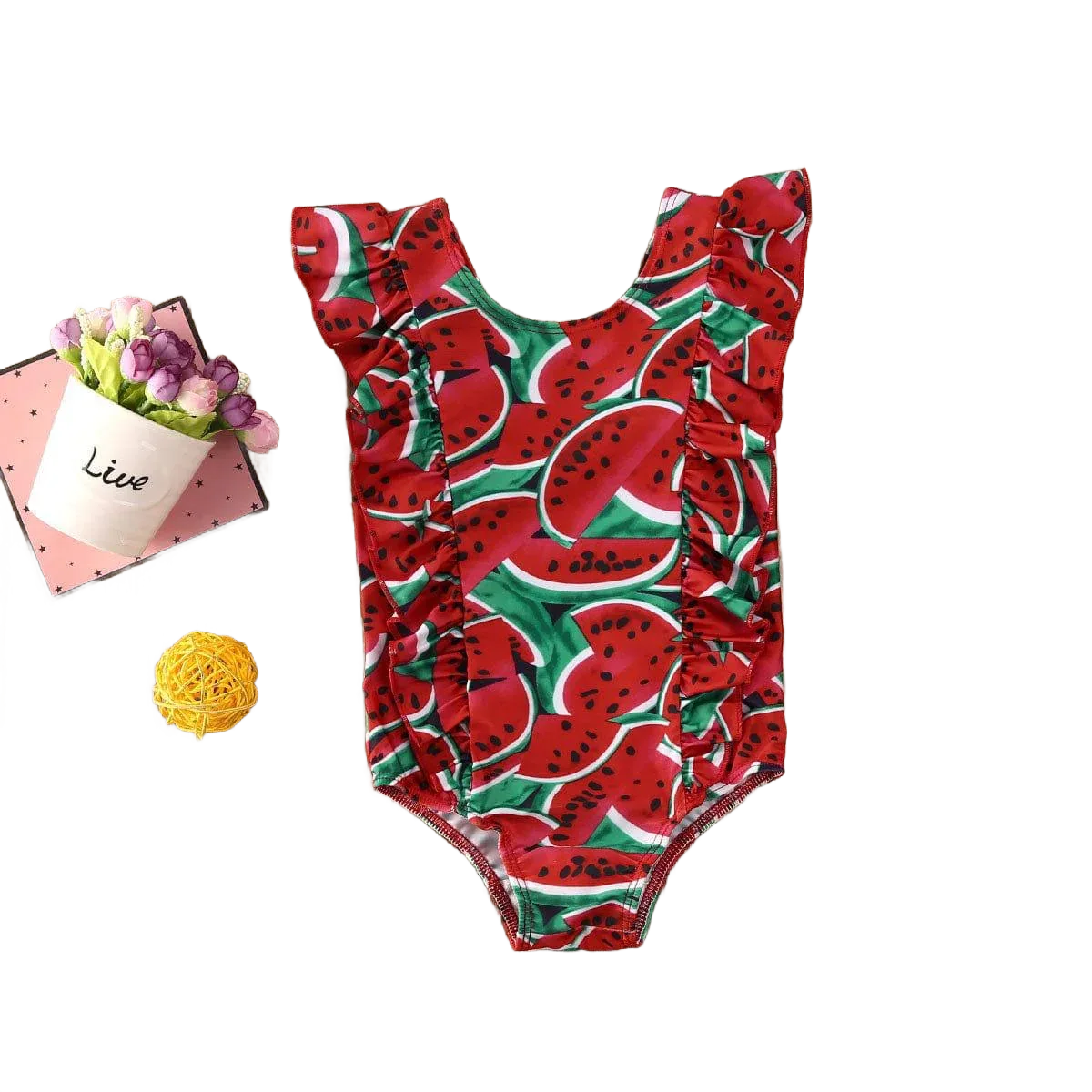 Girls red one piece swimsuit for girls with watermelon print and ruffle details