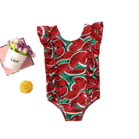 Girls red one piece swimsuit for girls with watermelon print and ruffle details