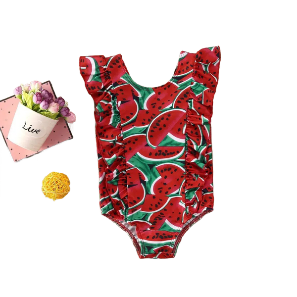 Girls red one piece swimsuit for girls with watermelon print and ruffle details