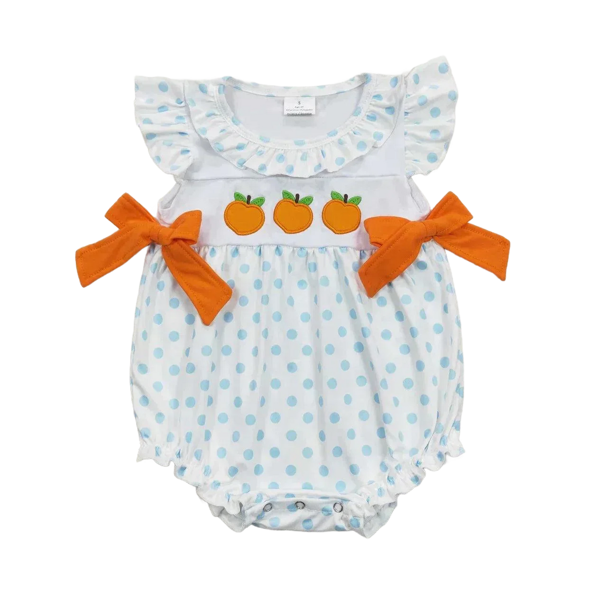 white and blue polka dot baby romper for girls with orange pumpkin appliques and bows