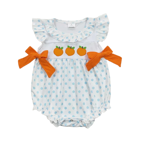 white and blue polka dot baby romper for girls with orange pumpkin appliques and bows