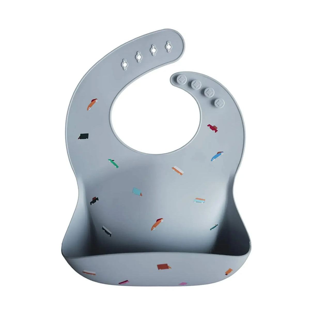 Gray waterproof baby bibs with colorful small fish designs and adjustable neck buttons for infants
