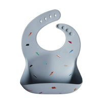 Gray waterproof baby bibs with colorful small fish designs and adjustable neck buttons for infants