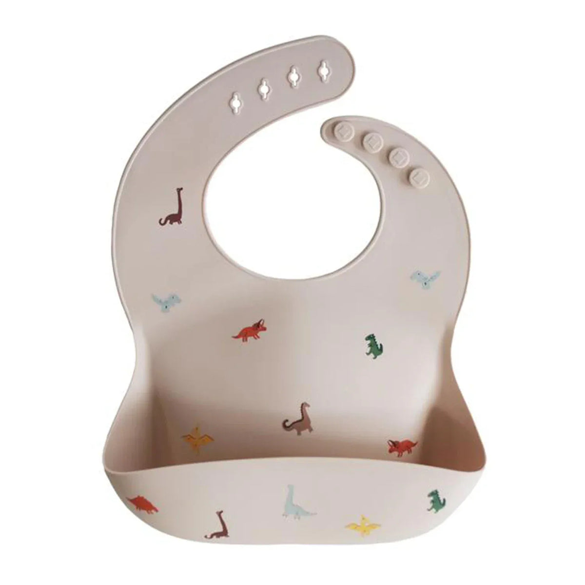 beige silicone waterproof baby bibs with colorful dinosaur prints for infants and toddlers