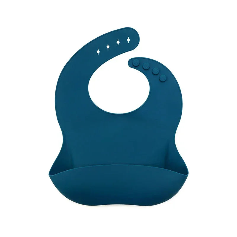 dark blue waterproof baby bibs made of silicone for infants with adjustable button closure