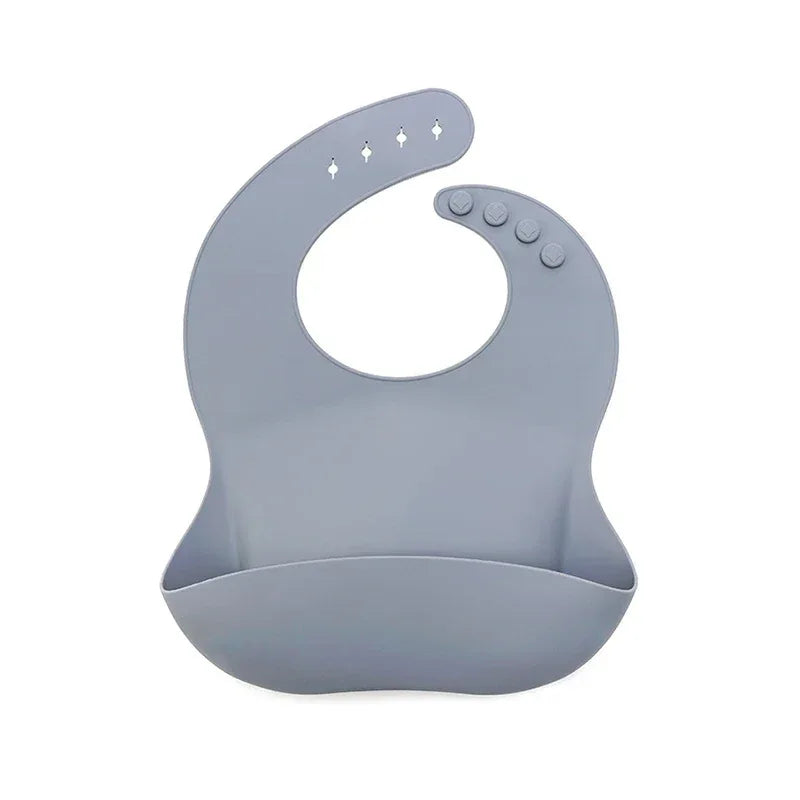 gray waterproof baby bibs with adjustable neck buttons and food catcher pocket for infants