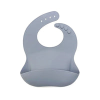 gray waterproof baby bibs with adjustable neck buttons and food catcher pocket for infants