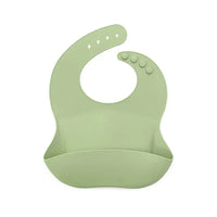 Light green silicone waterproof baby bibs for infants with adjustable button closure and food catcher pocket