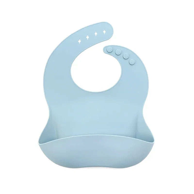 light blue waterproof baby bibs for babies with adjustable neck strap and crumb catcher pocket