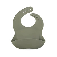 olive green waterproof baby bib made of soft silicone with adjustable buttons for infants and toddlers