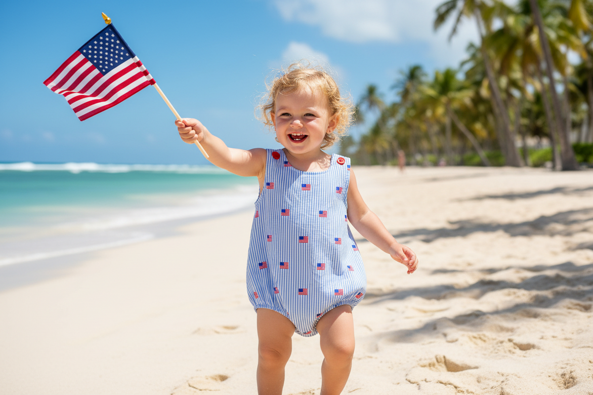 Patriotic baby rompers featuring a blue and white striped design with small American flags. Perfect summer outfit for babies with convenient snaps for easy diaper changes.
