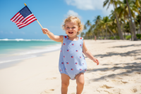 Patriotic baby rompers featuring a blue and white striped design with small American flags. Perfect summer outfit for babies with convenient snaps for easy diaper changes.