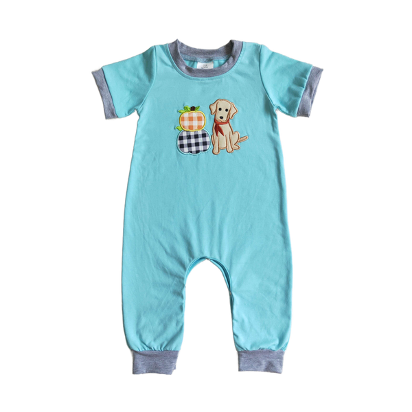 "Doggie's Little Pumpkins" Fall Baby Romper - Newport Blue - The Palm Beach Baby