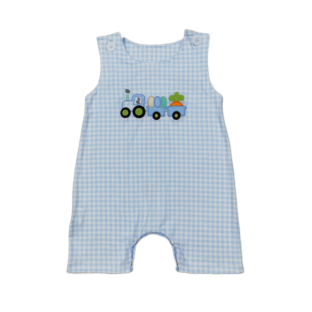 Cute blue checkered patriotic baby rompers with a colorful embroidered tractor design. Ideal for summer fun and gatherings, also designed for easy diaper changes.