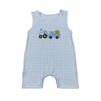 Cute blue checkered patriotic baby rompers with a colorful embroidered tractor design. Ideal for summer fun and gatherings, also designed for easy diaper changes.