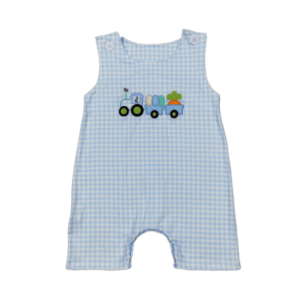 Cute blue checkered patriotic baby rompers with a colorful embroidered tractor design. Ideal for summer fun and gatherings, also designed for easy diaper changes.
