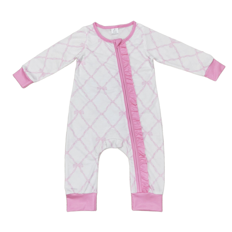 Stylish Bow-Licious Long Sleeve Zipper Footie Sleepers showcased on a white background, featuring a quilted design in soft pink, ideal for cozy nights.