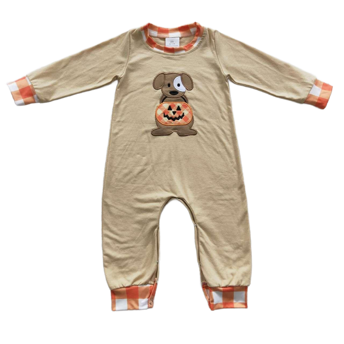 Beige "Puppy Dog Pumpkin" Fall Puppy Themed Romper - The Palm Beach Baby