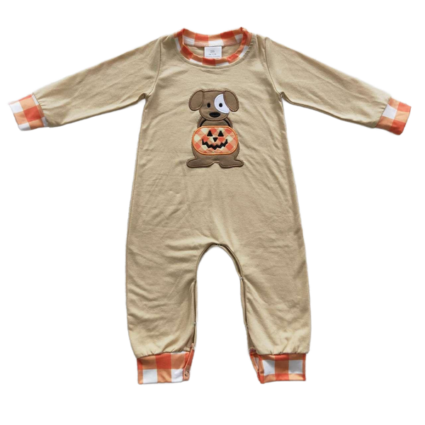 Beige "Puppy Dog Pumpkin" Fall Puppy Themed Romper - The Palm Beach Baby