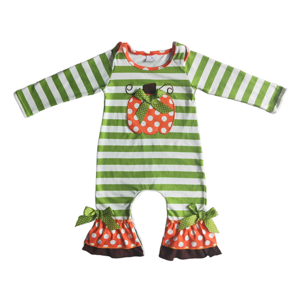 "Dots and Stripes" Boho Baby Pumpkin Romper - Frilly Bows - The Palm Beach Baby