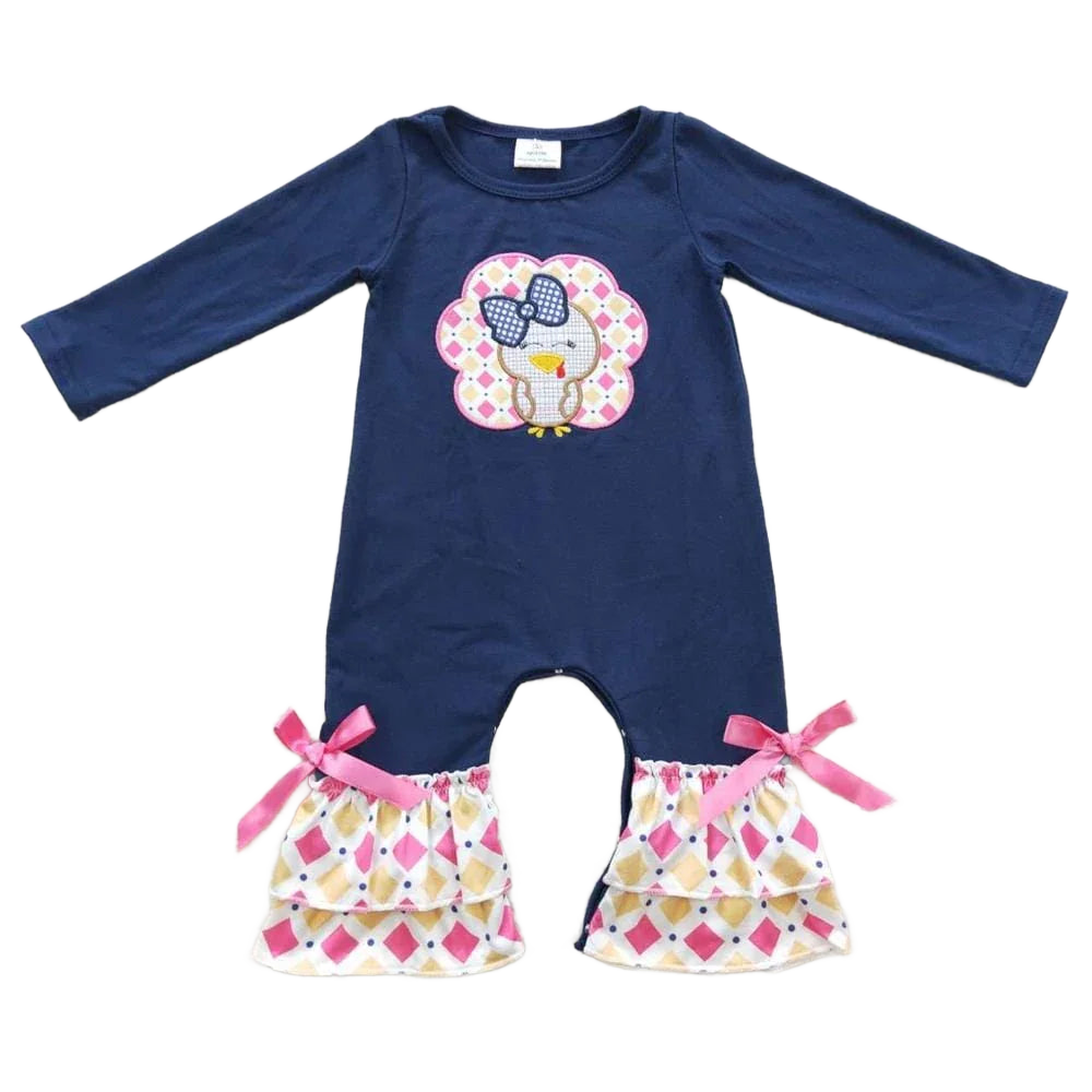 Adorable Fall Fun Girls Boho Turkey Romper With Pink Frills & Navy Appliqué, Sizes Newborn to 24M - The Palm Beach Baby