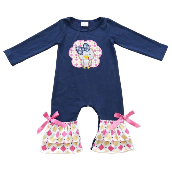 Adorable Fall Fun Girls Boho Turkey Romper With Pink Frills & Navy Appliqué, Sizes Newborn to 24M - The Palm Beach Baby